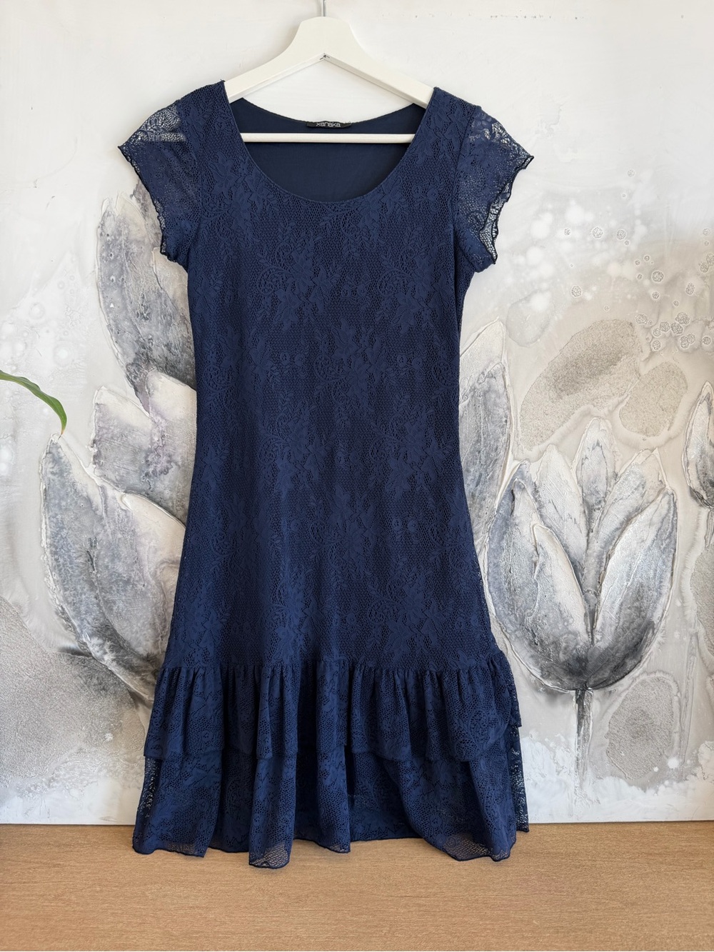 Women's Navy Lace Ruffle-Hem Mini Dress
